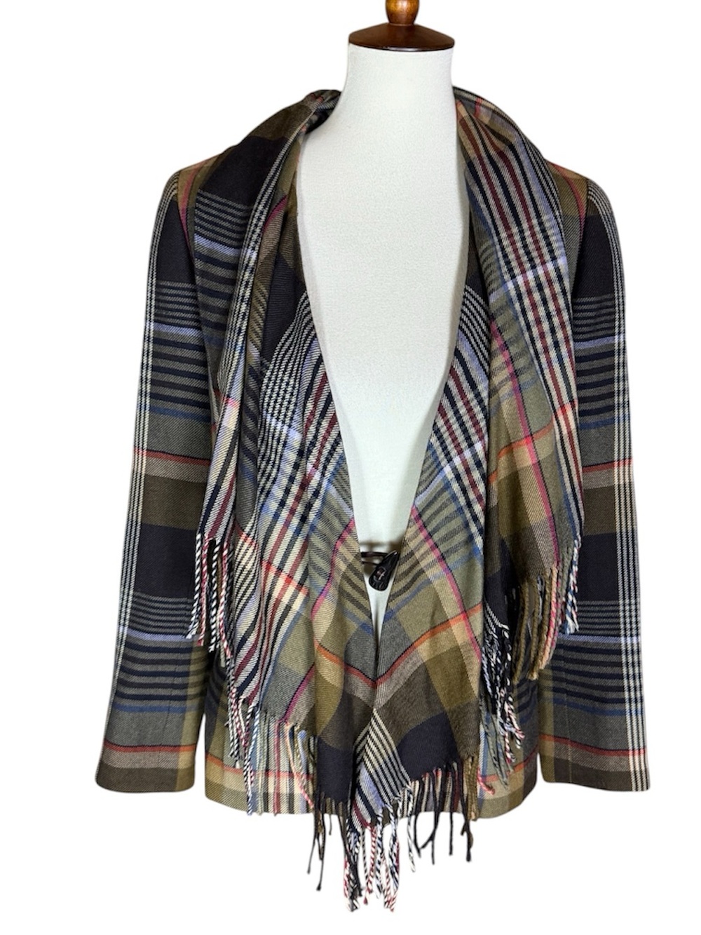 Vintage Worth plaid wool jacket with fringe scarf and toggle closure Size 6